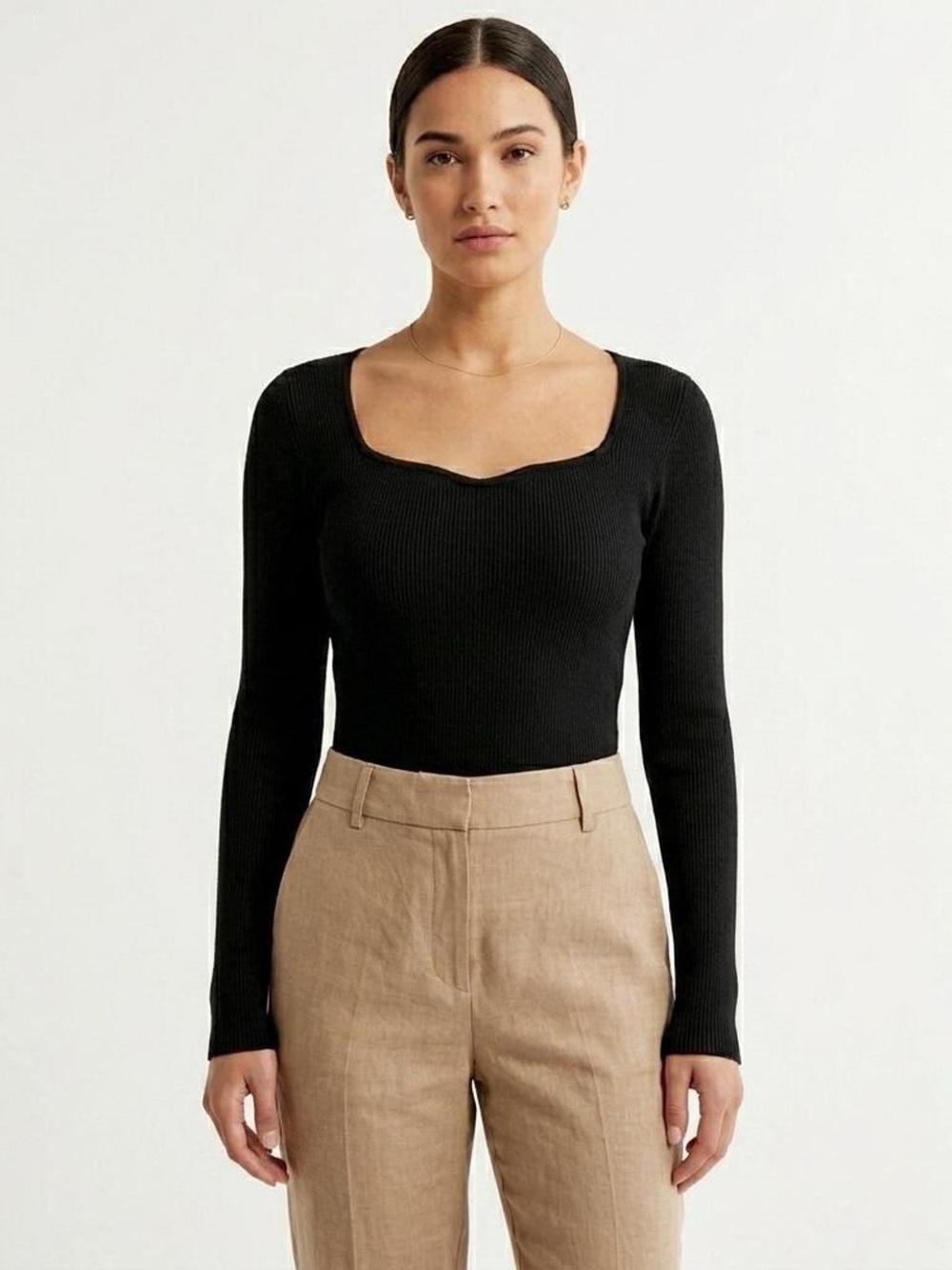 Heartloom Black Ribbed Long-Sleeve Scoop-Square Top